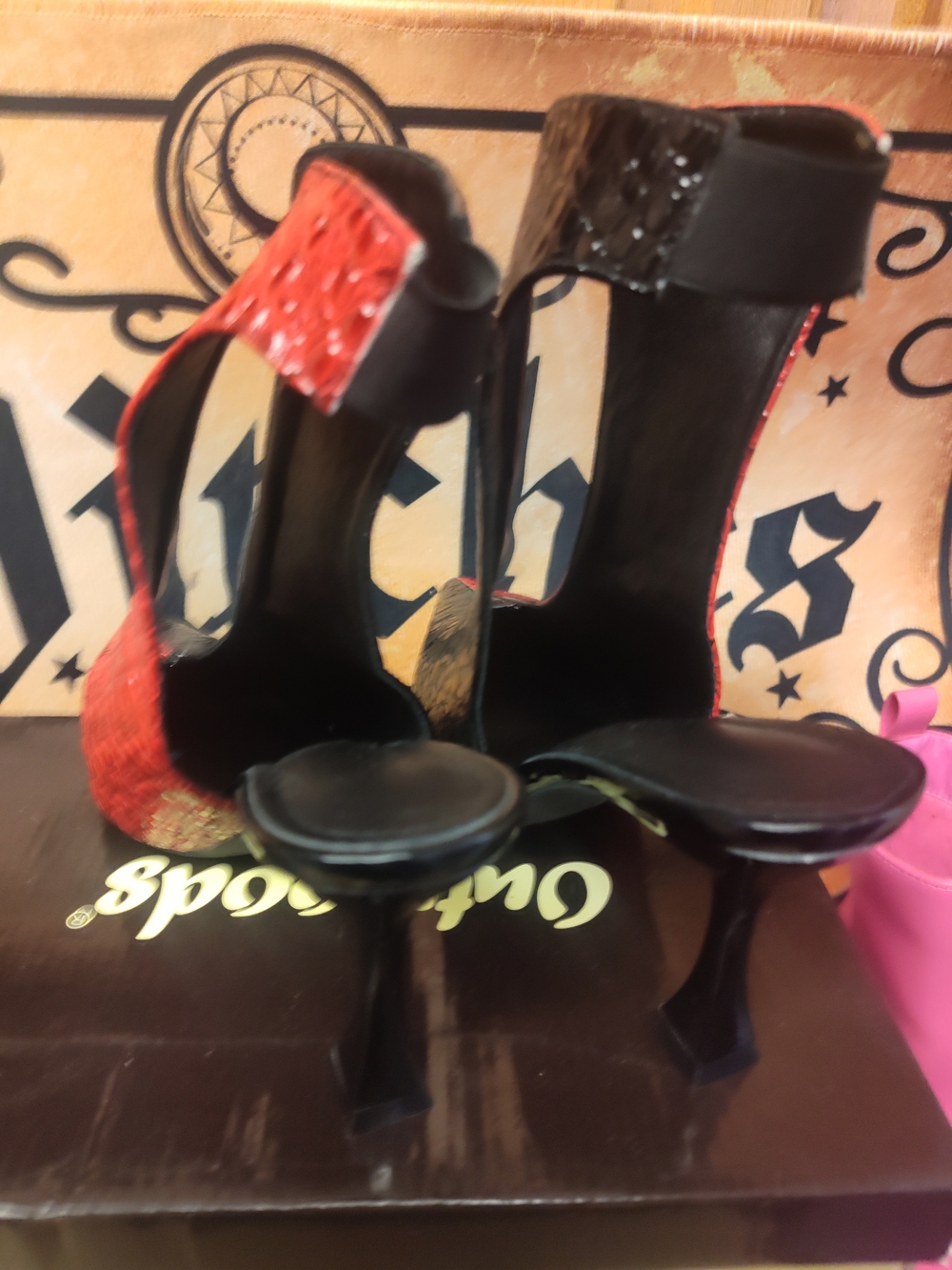 Two-Tone Croc-Embossed Pointed Ankle Heels in Red and Black - Picture 5 of 7